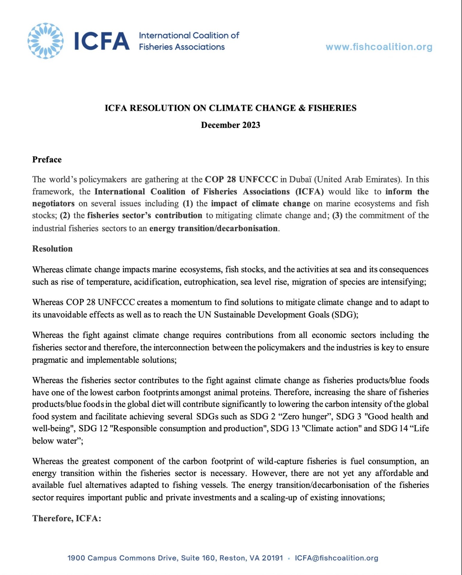 Official ICFA Resolution regarding Climate Change and Fisheries