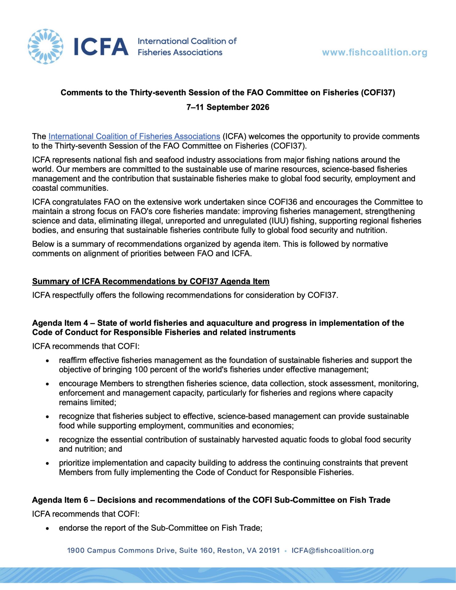 Comments to the Thirty-seventh Session of the FAO Committee on Fisheries (COFI37) 7–11 September 2026